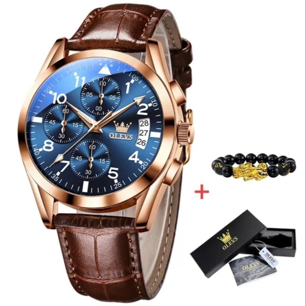 OLEVS Quartz Men Watch Classic Waterproof Luminous Wristwatch Leather Strap
